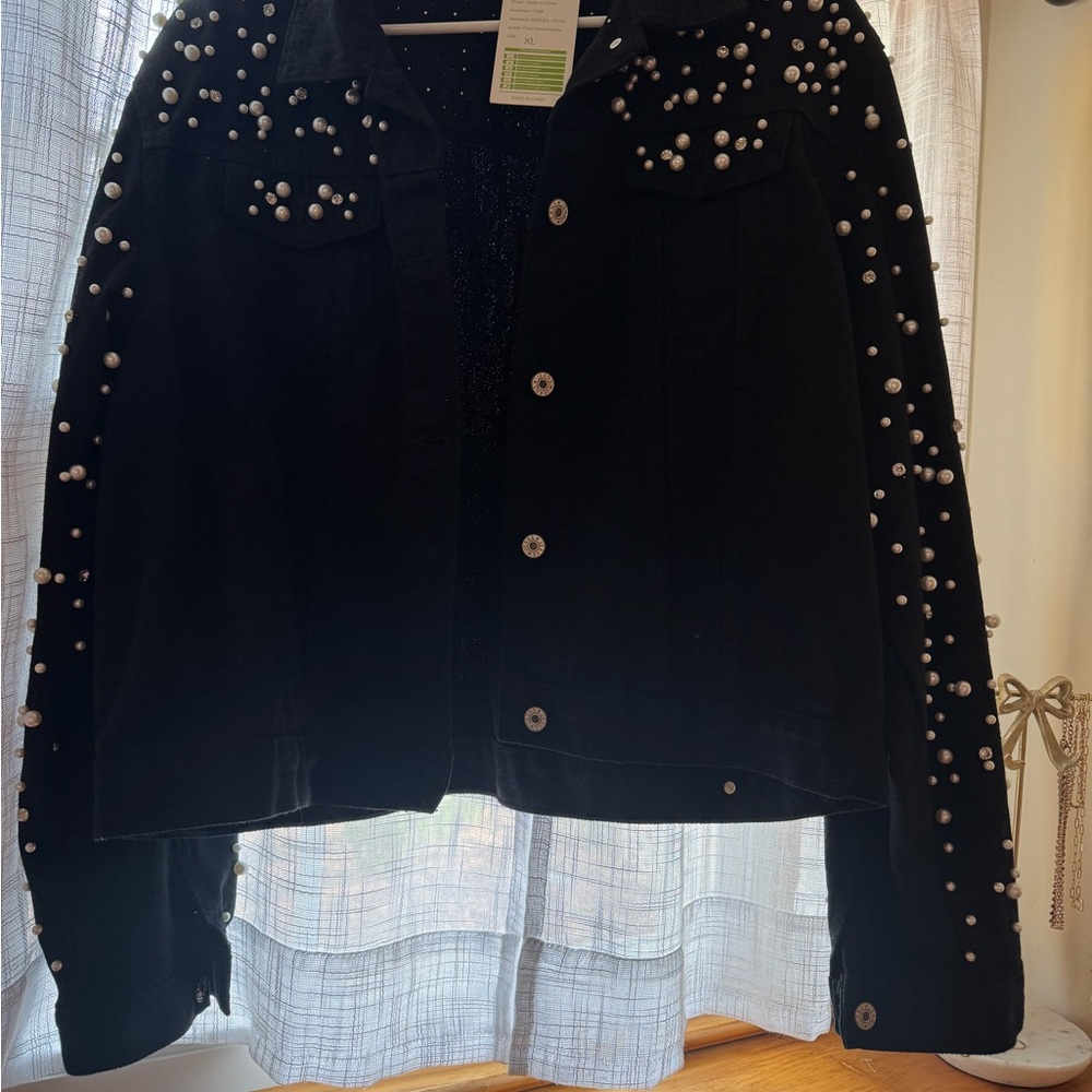 Black Pearl-Embellished Denim Jacket